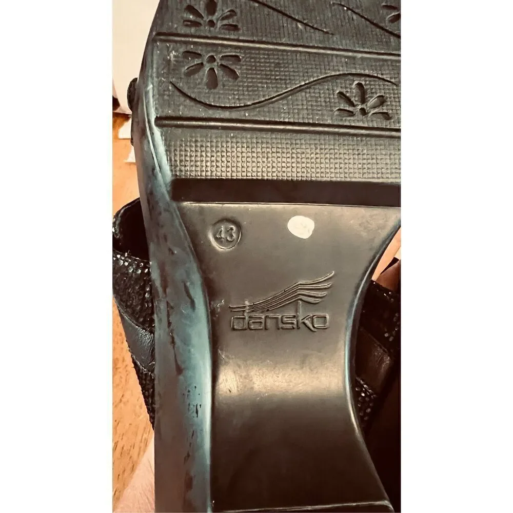 Dansko Jessie Black Leather Lizard Embossed Platform Sandals Clogs SZ 9.5
